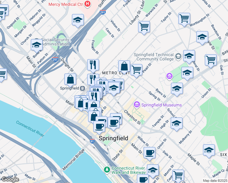 map of restaurants, bars, coffee shops, grocery stores, and more near 151 Chestnut Street in Springfield