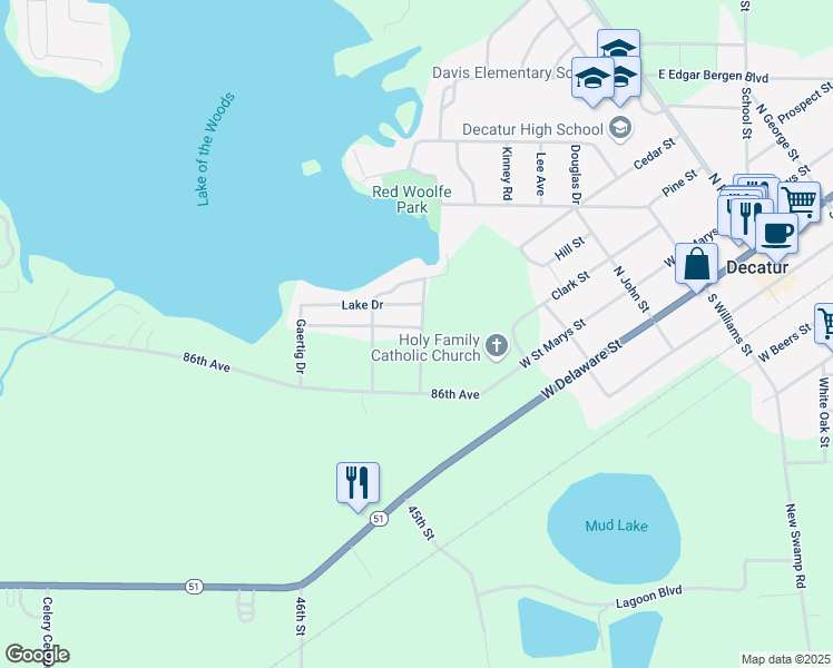 map of restaurants, bars, coffee shops, grocery stores, and more near 86012 Chicago Drive in Decatur
