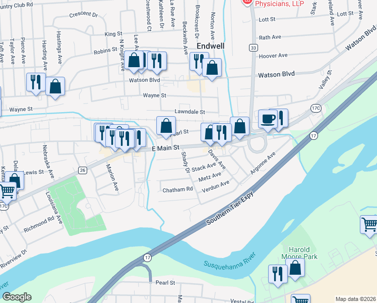 map of restaurants, bars, coffee shops, grocery stores, and more near 3200 East Main Street in Endicott