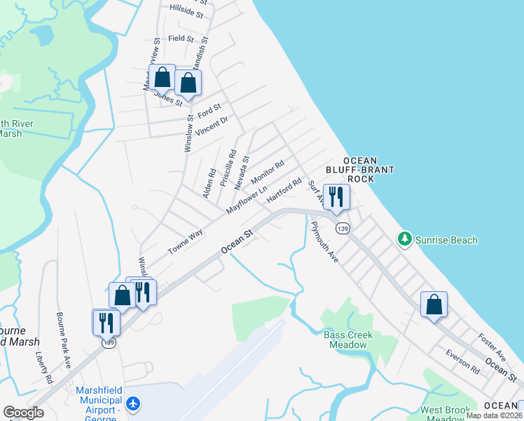 map of restaurants, bars, coffee shops, grocery stores, and more near 6 Breakwater Court in Marshfield