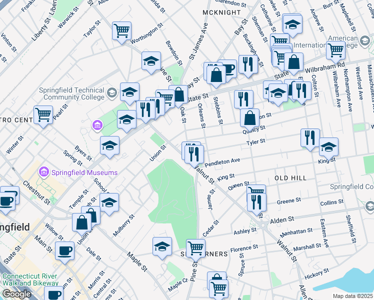 map of restaurants, bars, coffee shops, grocery stores, and more near 131 Orleans Street in Springfield
