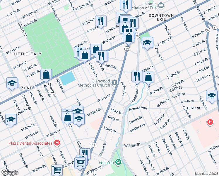 map of restaurants, bars, coffee shops, grocery stores, and more near 2925 Myrtle Street in Erie