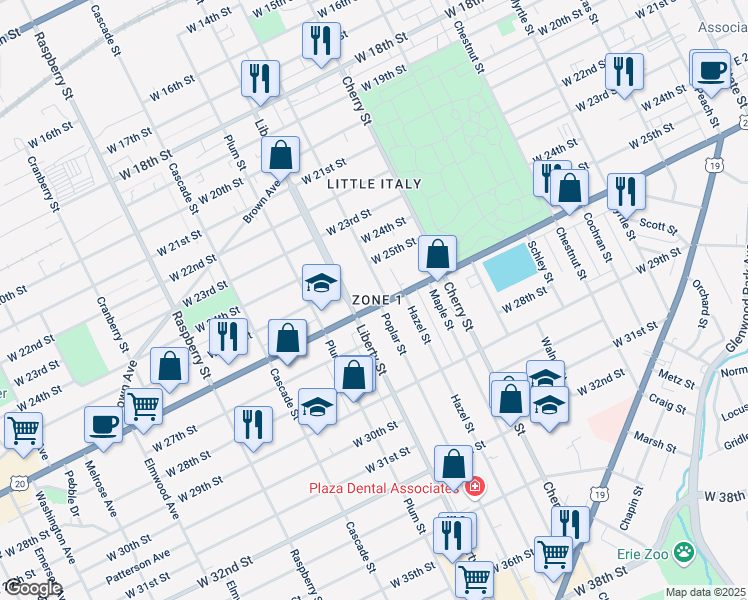 map of restaurants, bars, coffee shops, grocery stores, and more near 2530 Poplar Street in Erie