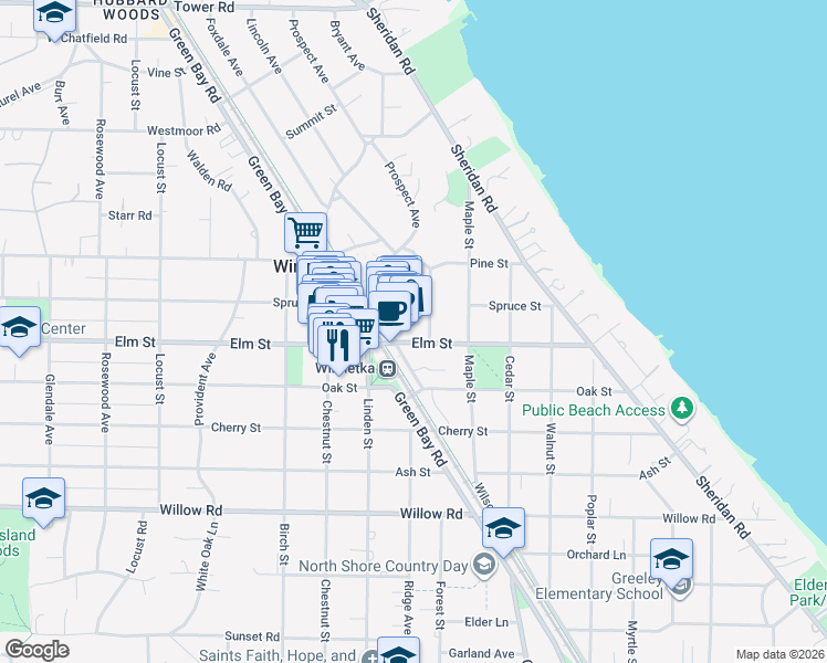 map of restaurants, bars, coffee shops, grocery stores, and more near 731 Elm Street in Winnetka