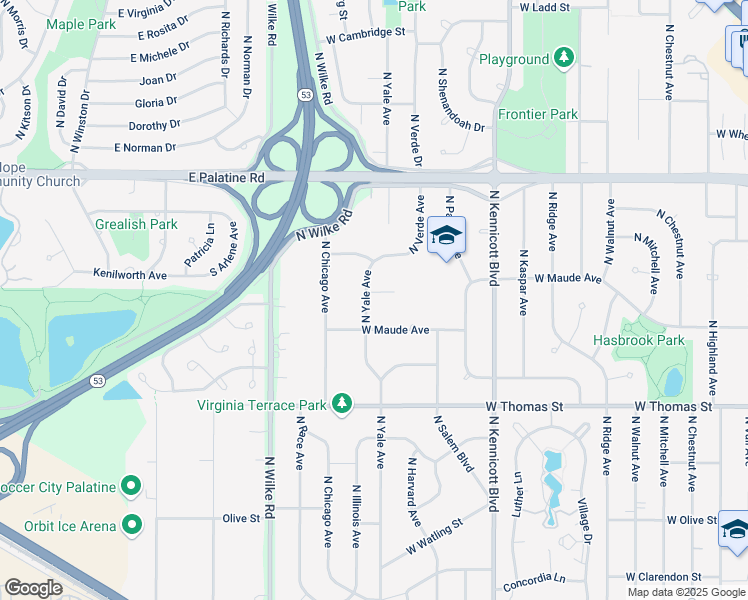 map of restaurants, bars, coffee shops, grocery stores, and more near 1703 North Yale Avenue in Arlington Heights