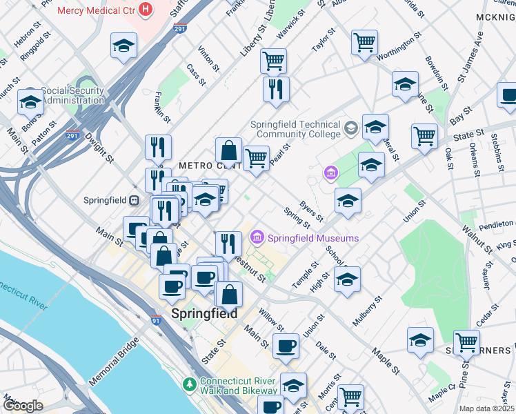 map of restaurants, bars, coffee shops, grocery stores, and more near 21 Salem Street in Springfield