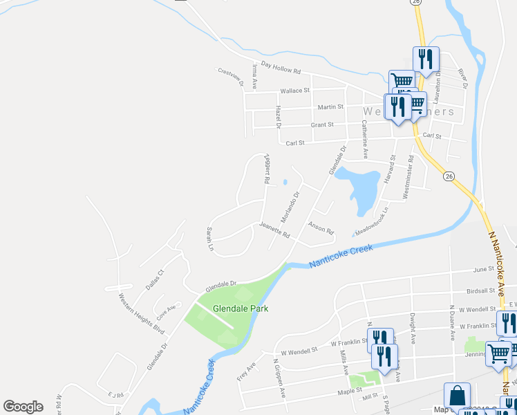 map of restaurants, bars, coffee shops, grocery stores, and more near 709 Zeggert Road in Endicott