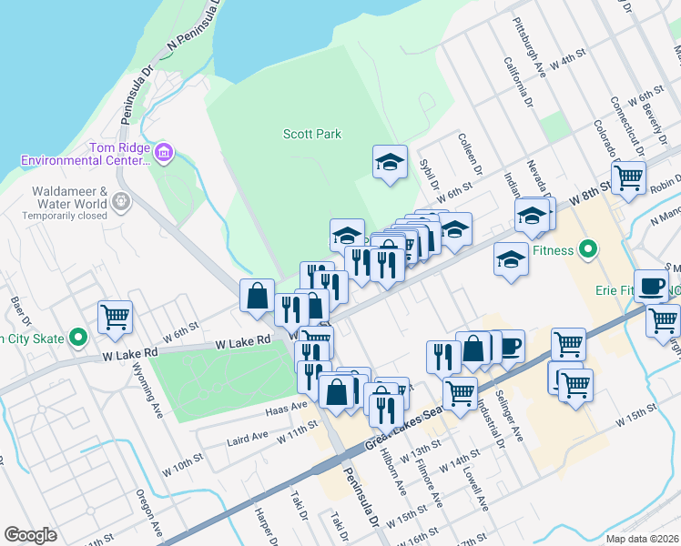 map of restaurants, bars, coffee shops, grocery stores, and more near 606 Lowell Avenue in Erie