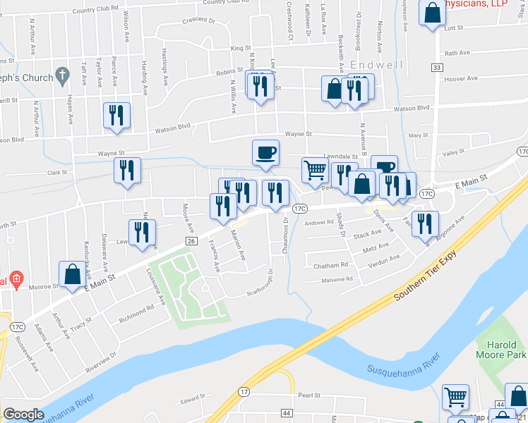 map of restaurants, bars, coffee shops, grocery stores, and more near East Main Street & North Street in Endwell