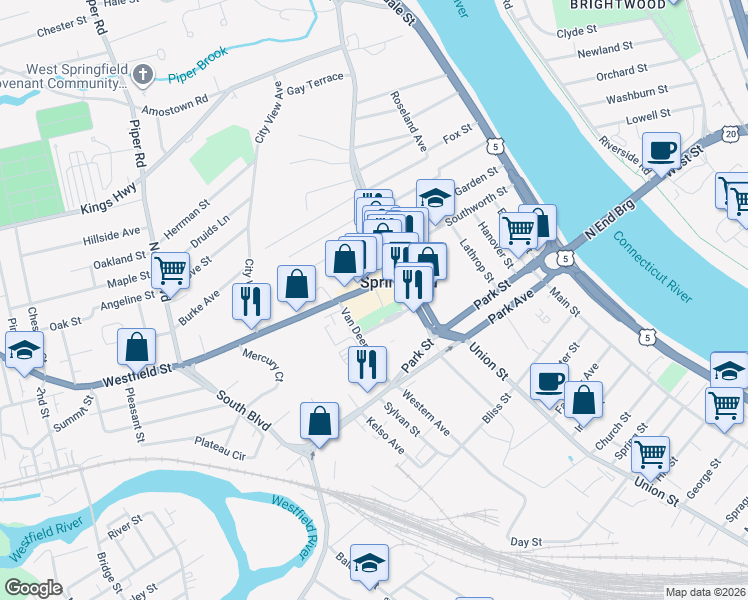 map of restaurants, bars, coffee shops, grocery stores, and more near 12 Royce Court in West Springfield