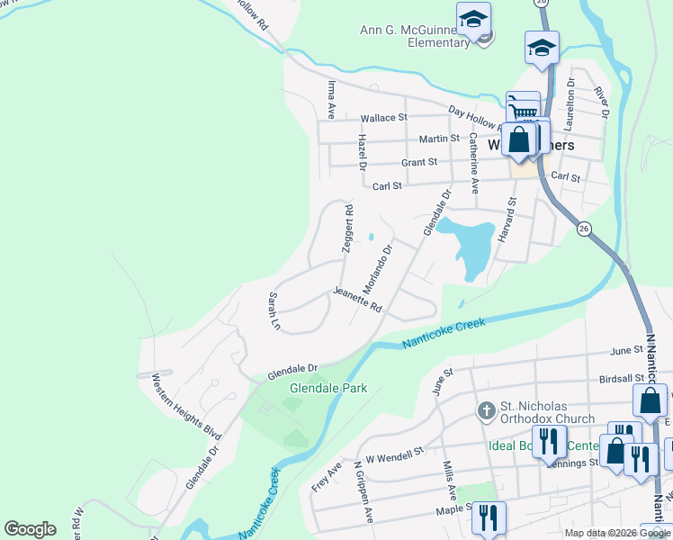 map of restaurants, bars, coffee shops, grocery stores, and more near 908 Sarah Lane in Endicott