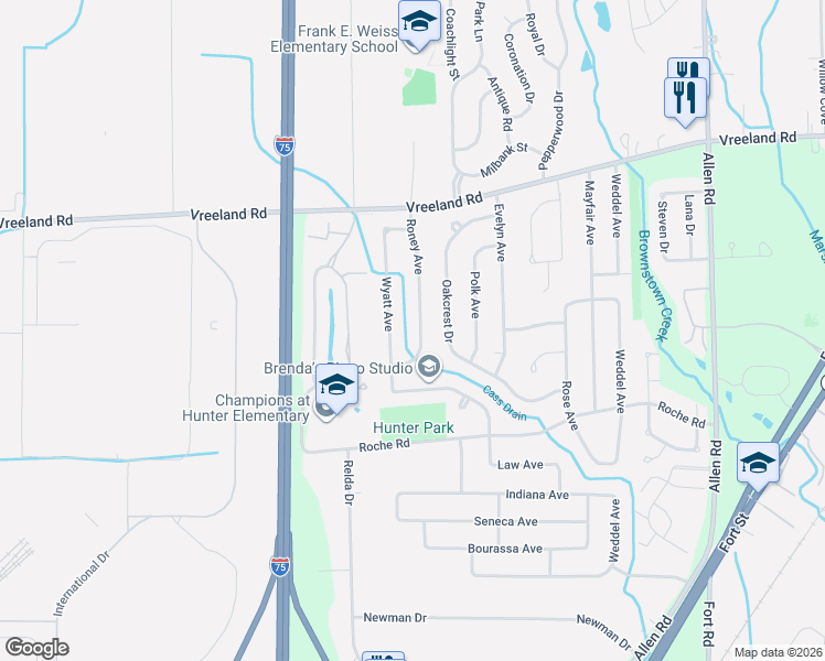 map of restaurants, bars, coffee shops, grocery stores, and more near 27490 Roney Avenue in Brownstown Charter Township