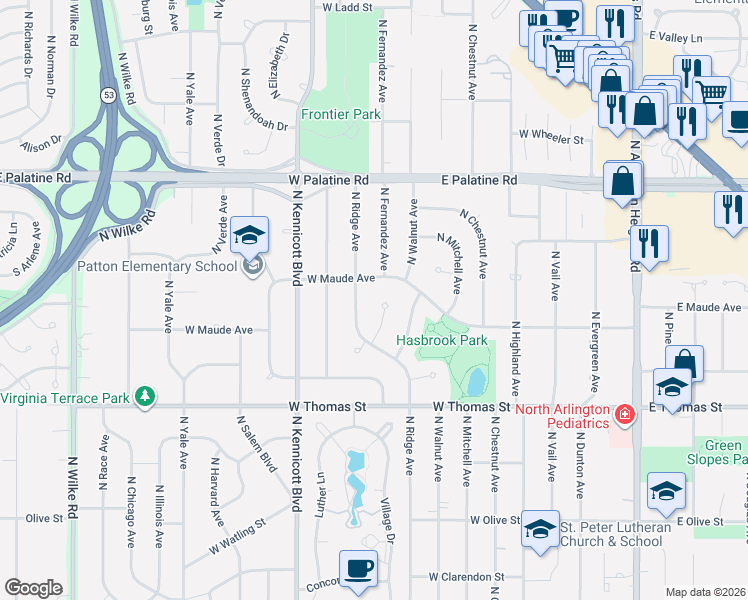 map of restaurants, bars, coffee shops, grocery stores, and more near 705 West Maude Avenue in Arlington Heights