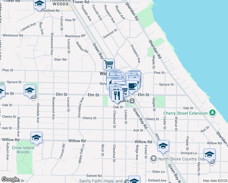 map of restaurants, bars, coffee shops, grocery stores, and more near in Winnetka