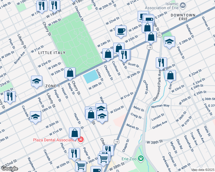 map of restaurants, bars, coffee shops, grocery stores, and more near 424 West 29th Street in Erie