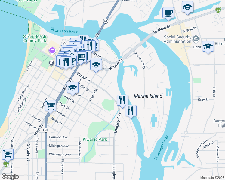 map of restaurants, bars, coffee shops, grocery stores, and more near 1117 Broad Street in St. Joseph