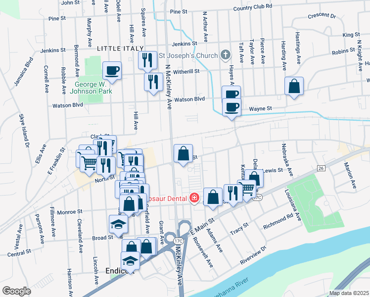 map of restaurants, bars, coffee shops, grocery stores, and more near 22-38 North McKinley Avenue in Endicott