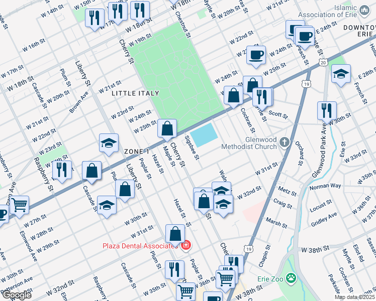 map of restaurants, bars, coffee shops, grocery stores, and more near 2636 Sigsbee Street in Erie