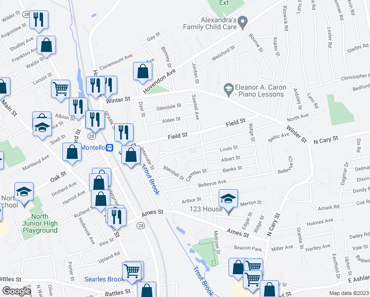 map of restaurants, bars, coffee shops, grocery stores, and more near 68 North Avenue in Brockton
