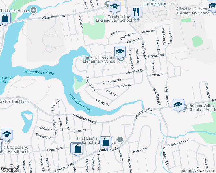 map of restaurants, bars, coffee shops, grocery stores, and more near 77 Cheyenne Road in Springfield