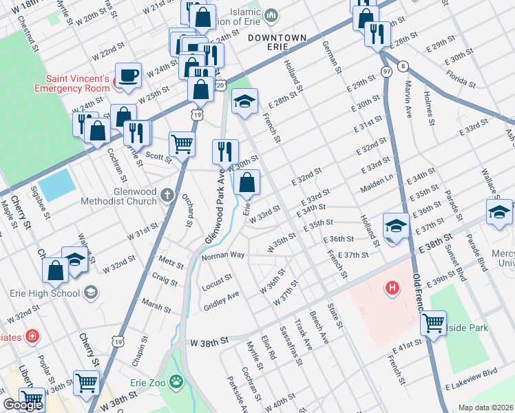 map of restaurants, bars, coffee shops, grocery stores, and more near 33 West 32nd Street in Erie