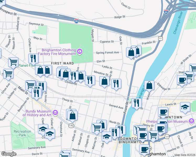 map of restaurants, bars, coffee shops, grocery stores, and more near 23 Meadow Street in Binghamton
