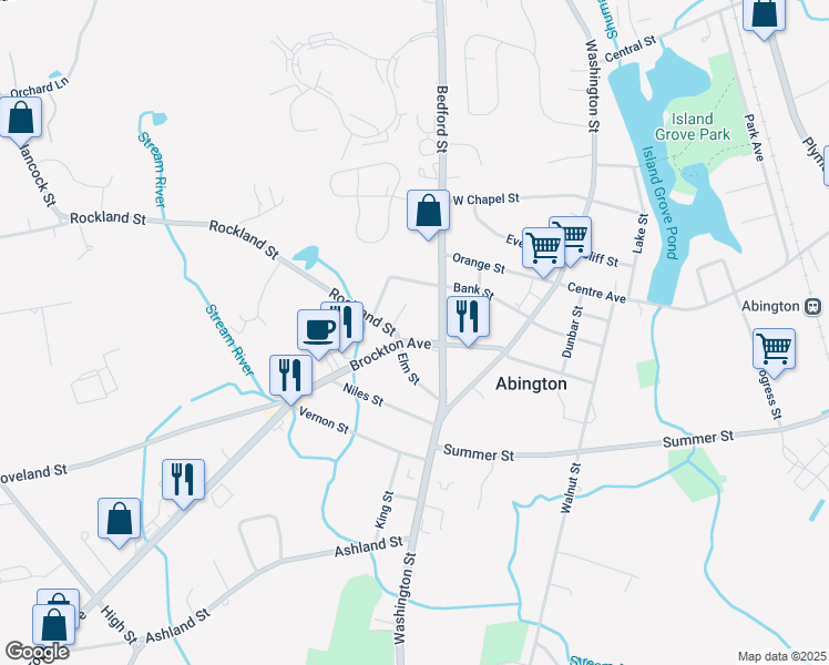 map of restaurants, bars, coffee shops, grocery stores, and more near 5 Rockland Street in Abington
