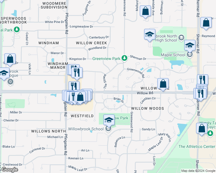 map of restaurants, bars, coffee shops, grocery stores, and more near 2539 The Strand in Northbrook