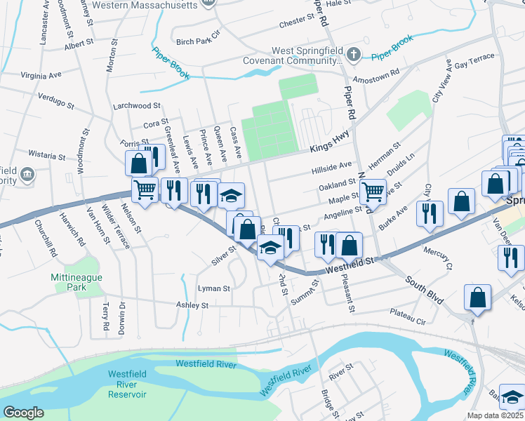 map of restaurants, bars, coffee shops, grocery stores, and more near 105 Chestnut Street in West Springfield