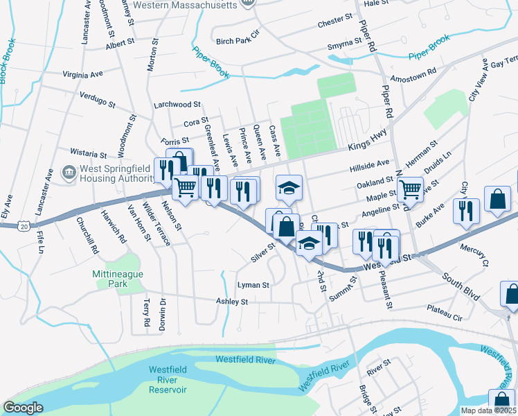 map of restaurants, bars, coffee shops, grocery stores, and more near 30 Maple Terrace in West Springfield