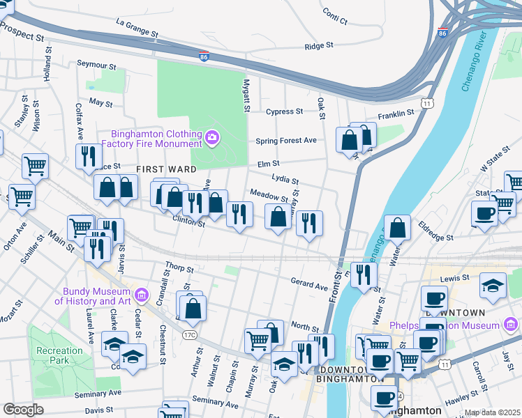 map of restaurants, bars, coffee shops, grocery stores, and more near 23 Meadow Street in Binghamton