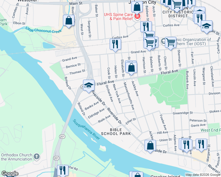 map of restaurants, bars, coffee shops, grocery stores, and more near 20 New York Avenue in Johnson City