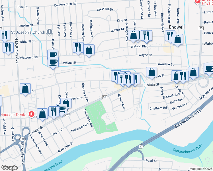 map of restaurants, bars, coffee shops, grocery stores, and more near in Endwell