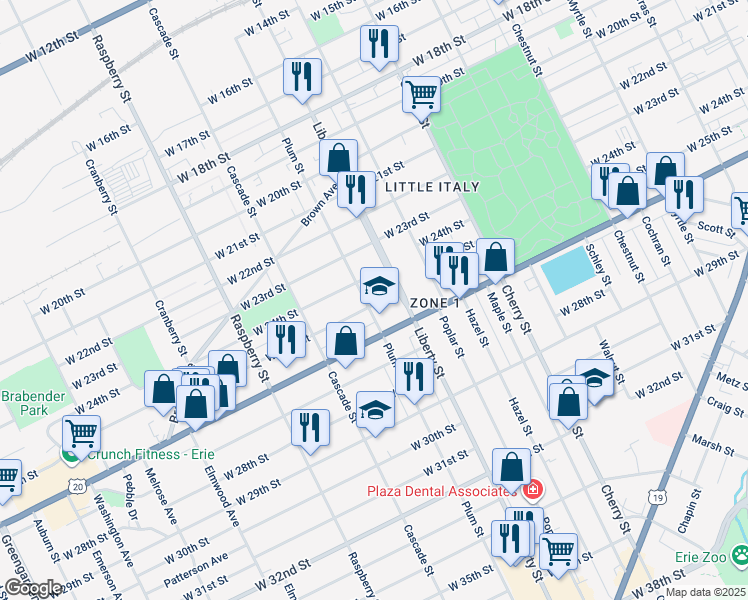 map of restaurants, bars, coffee shops, grocery stores, and more near 2407 Plum Street in Erie