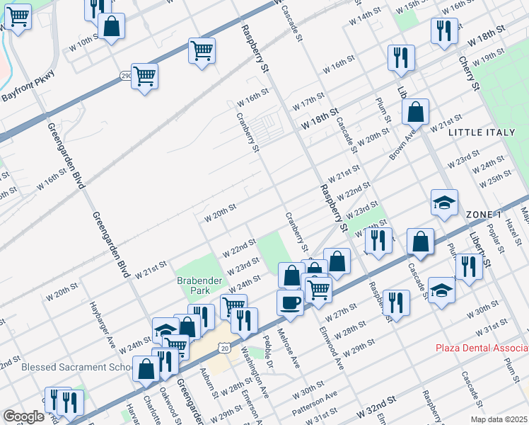 map of restaurants, bars, coffee shops, grocery stores, and more near 1228 West 21st Street in Erie