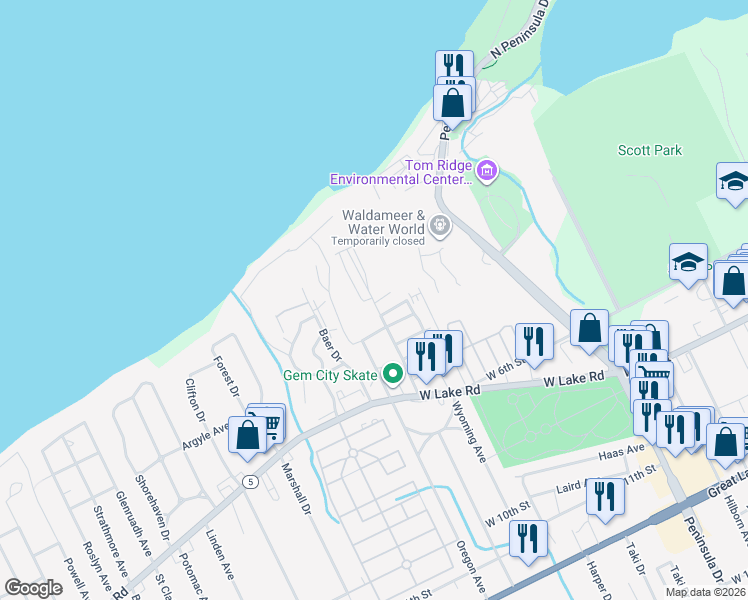 map of restaurants, bars, coffee shops, grocery stores, and more near 3136 Whitehouse Dr in Erie