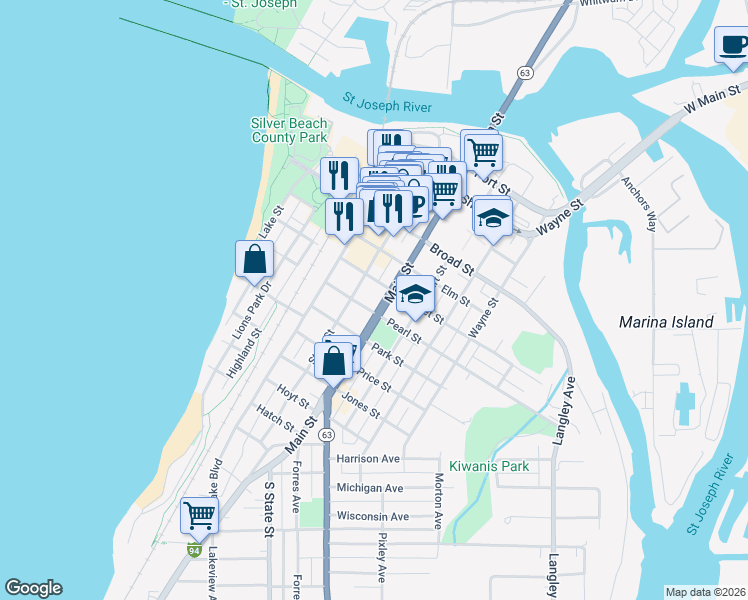 map of restaurants, bars, coffee shops, grocery stores, and more near 617 State Street in St. Joseph