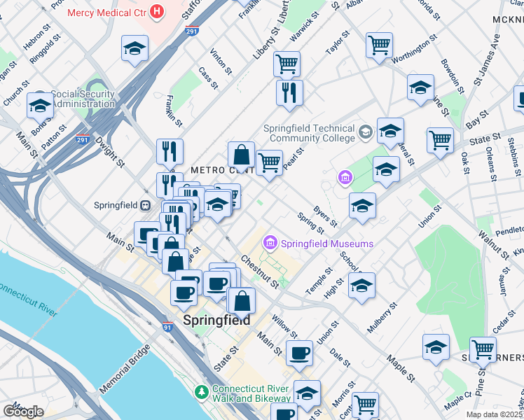 map of restaurants, bars, coffee shops, grocery stores, and more near 18 Salem Street in Springfield