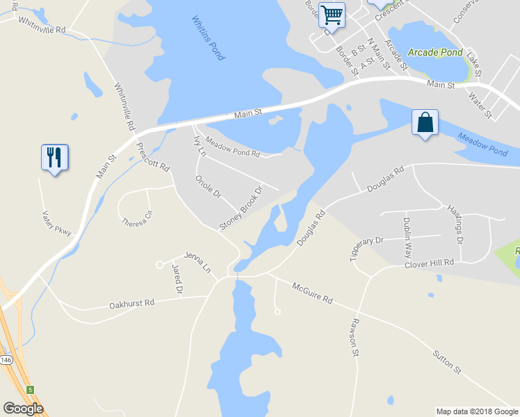 map of restaurants, bars, coffee shops, grocery stores, and more near 33 Stoney Brook Drive in Northbridge