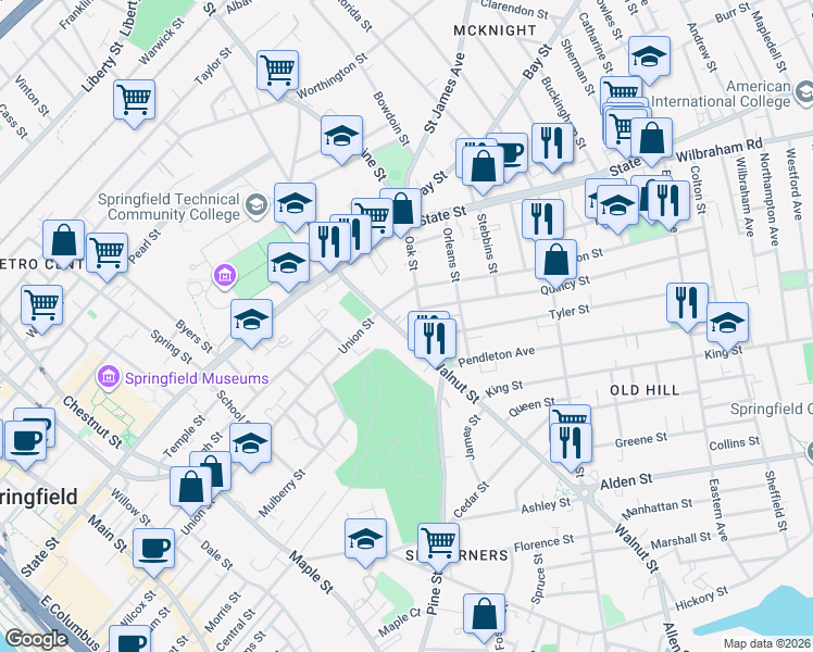 map of restaurants, bars, coffee shops, grocery stores, and more near 83 Walnut Street in Springfield