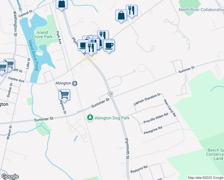 map of restaurants, bars, coffee shops, grocery stores, and more near 868 Plymouth Street in Abington