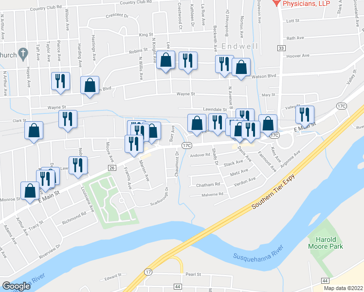 map of restaurants, bars, coffee shops, grocery stores, and more near 3101 East Main Street in Endicott