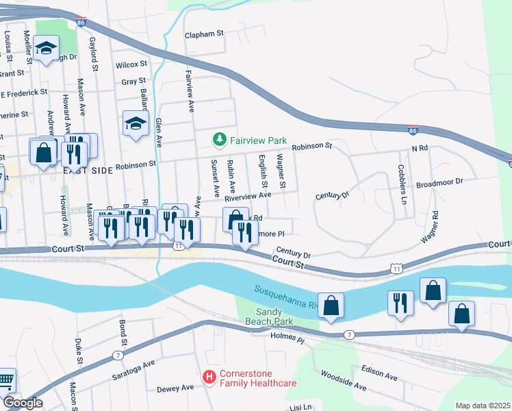map of restaurants, bars, coffee shops, grocery stores, and more near 22-24 Grandview Avenue in Binghamton