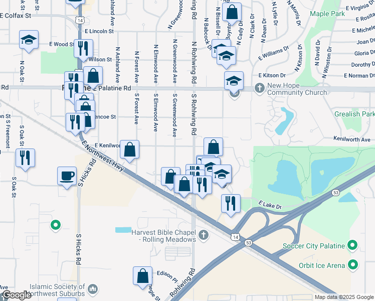 map of restaurants, bars, coffee shops, grocery stores, and more near 747 East Kenilworth Avenue in Palatine