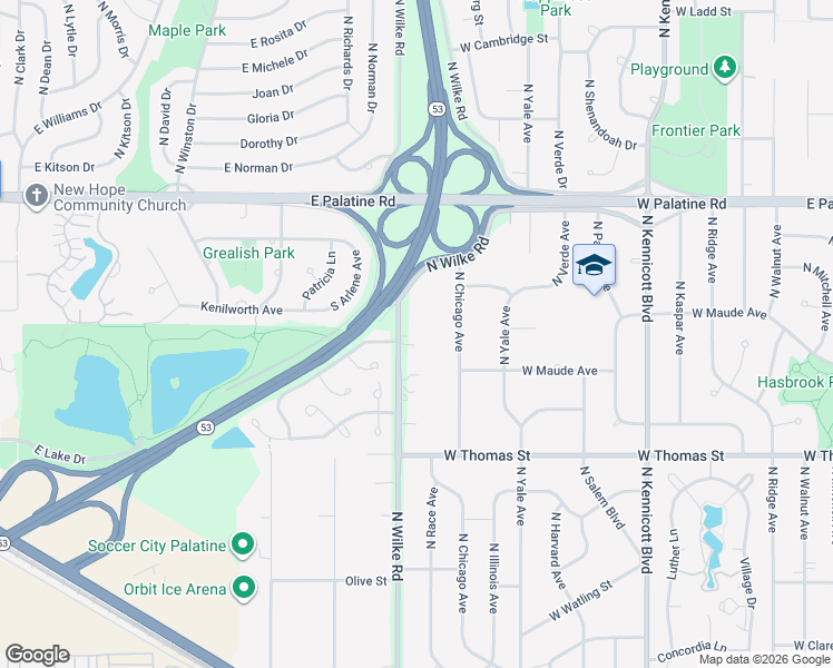 map of restaurants, bars, coffee shops, grocery stores, and more near 1623 North Wilke Road in Arlington Heights
