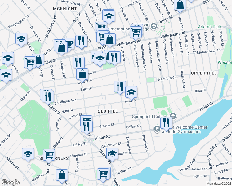 map of restaurants, bars, coffee shops, grocery stores, and more near 240 Pendleton Avenue in Springfield