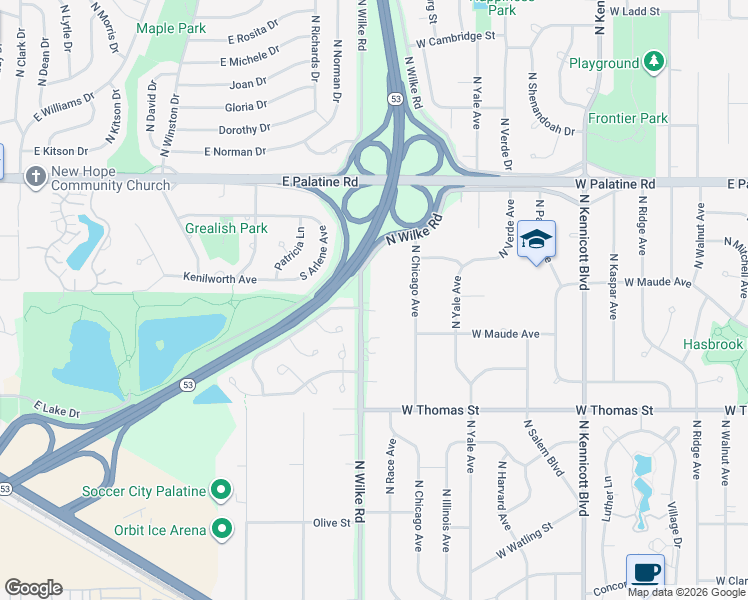 map of restaurants, bars, coffee shops, grocery stores, and more near 1623 North Wilke Road in Arlington Heights