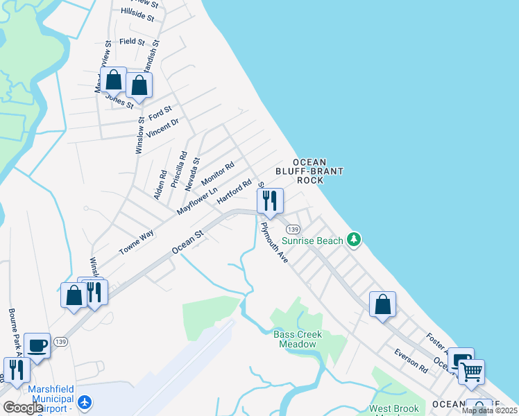 map of restaurants, bars, coffee shops, grocery stores, and more near 930 Ocean Street in Marshfield