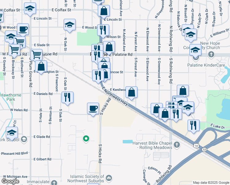 map of restaurants, bars, coffee shops, grocery stores, and more near 444 East Northwest Highway in Palatine