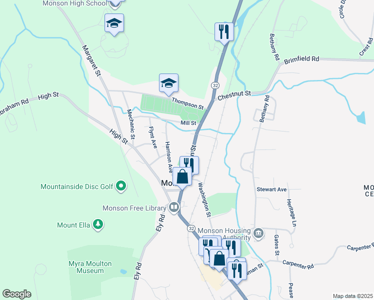 map of restaurants, bars, coffee shops, grocery stores, and more near 31 Main Street in Monson